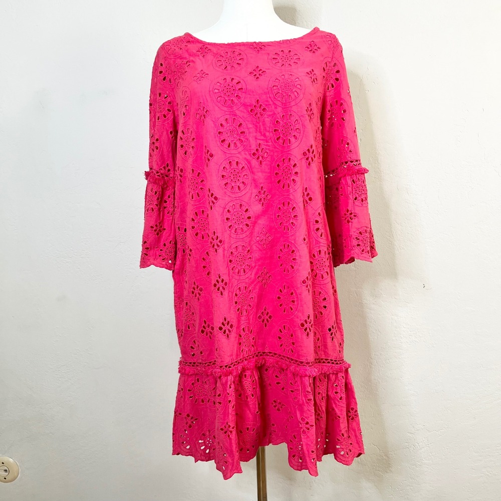 Anthropologie Pink Eyelet Lace Beaded Bell Sleeve Shift Dress Size‎ 0 NWT